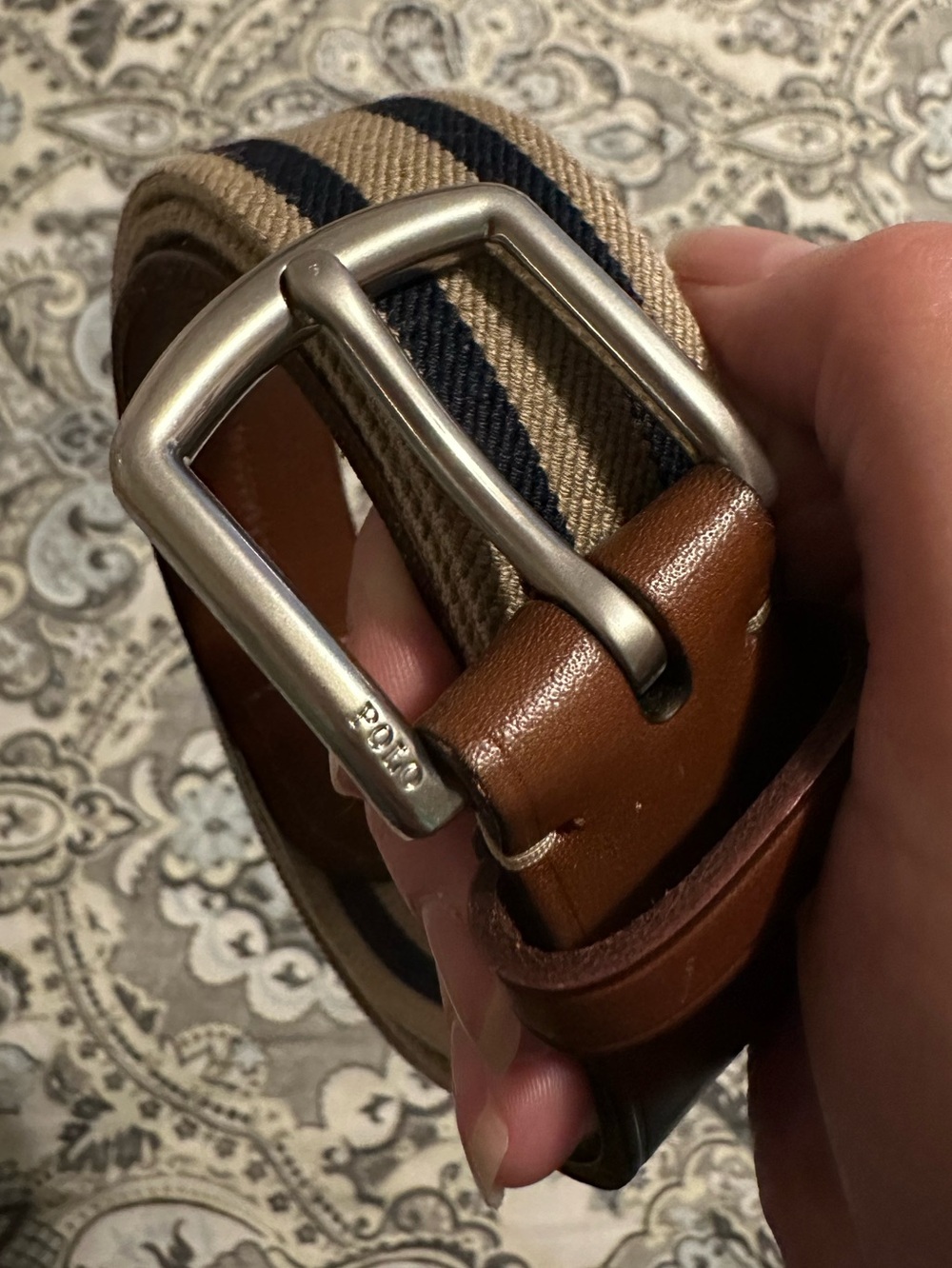 Polo by Ralph Lauren Tan and Navy Stripe Webbing Belt with Brown Leather